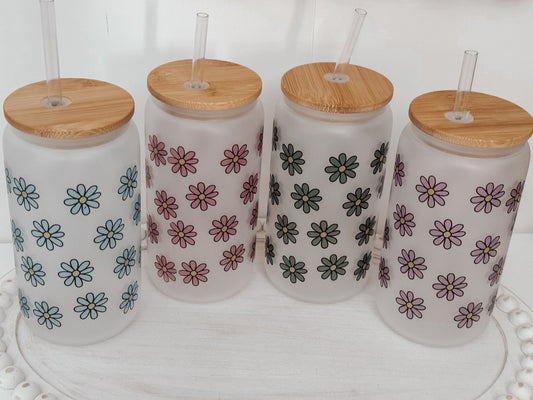 Daisies 16oz Glass Can Cup - Emma K Designs