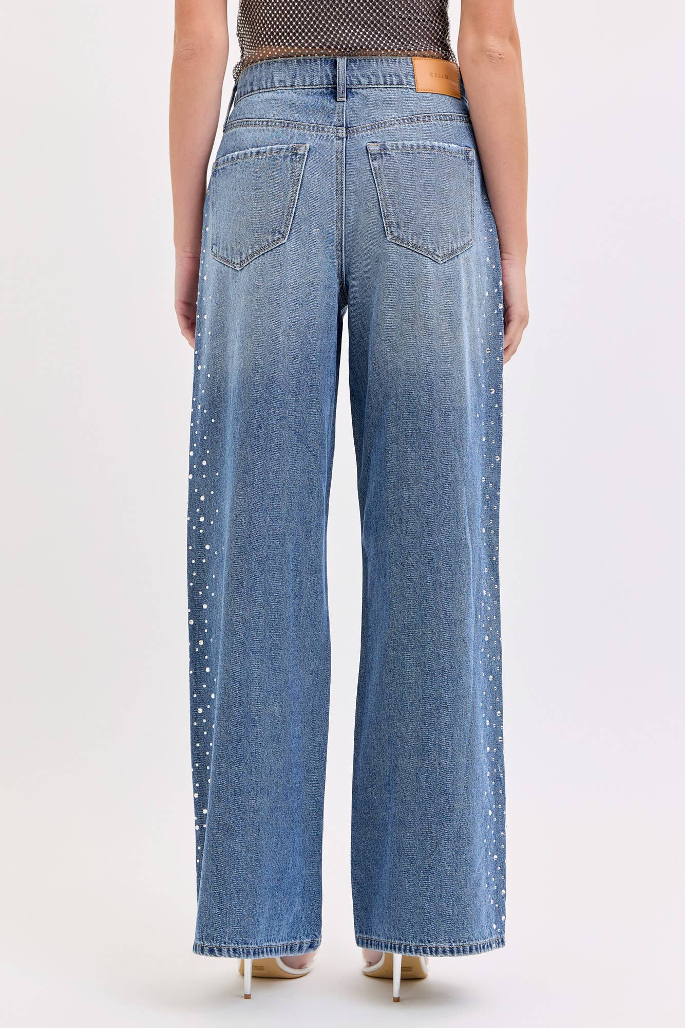 High Rise Wide Leg Jeans with Rhinestones