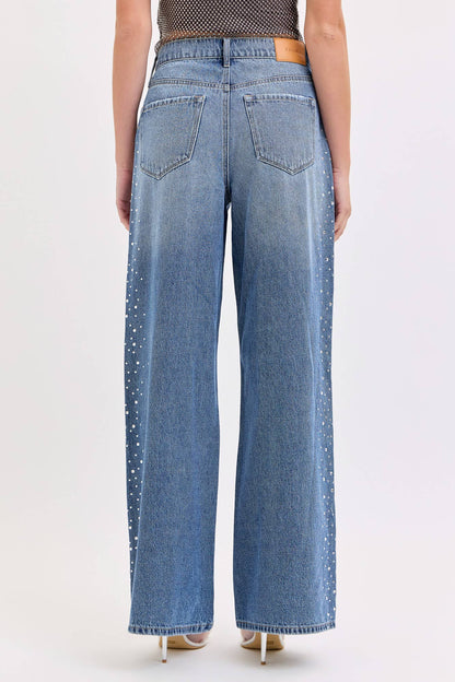 High Rise Wide Leg Jeans with Rhinestones