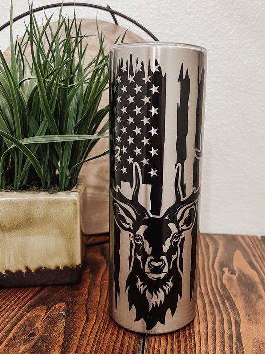 Distressed Flag and Buck Hunting (Stainless Steel & Black) 20oz Skinny Tumbler - Emma K Designs