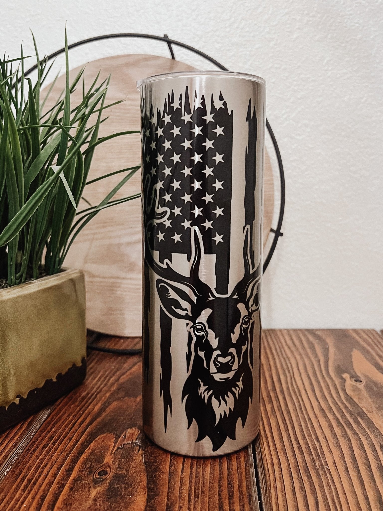 Distressed Flag and Buck Hunting (Stainless Steel & Black) 20oz Skinny Tumbler - Emma K Designs