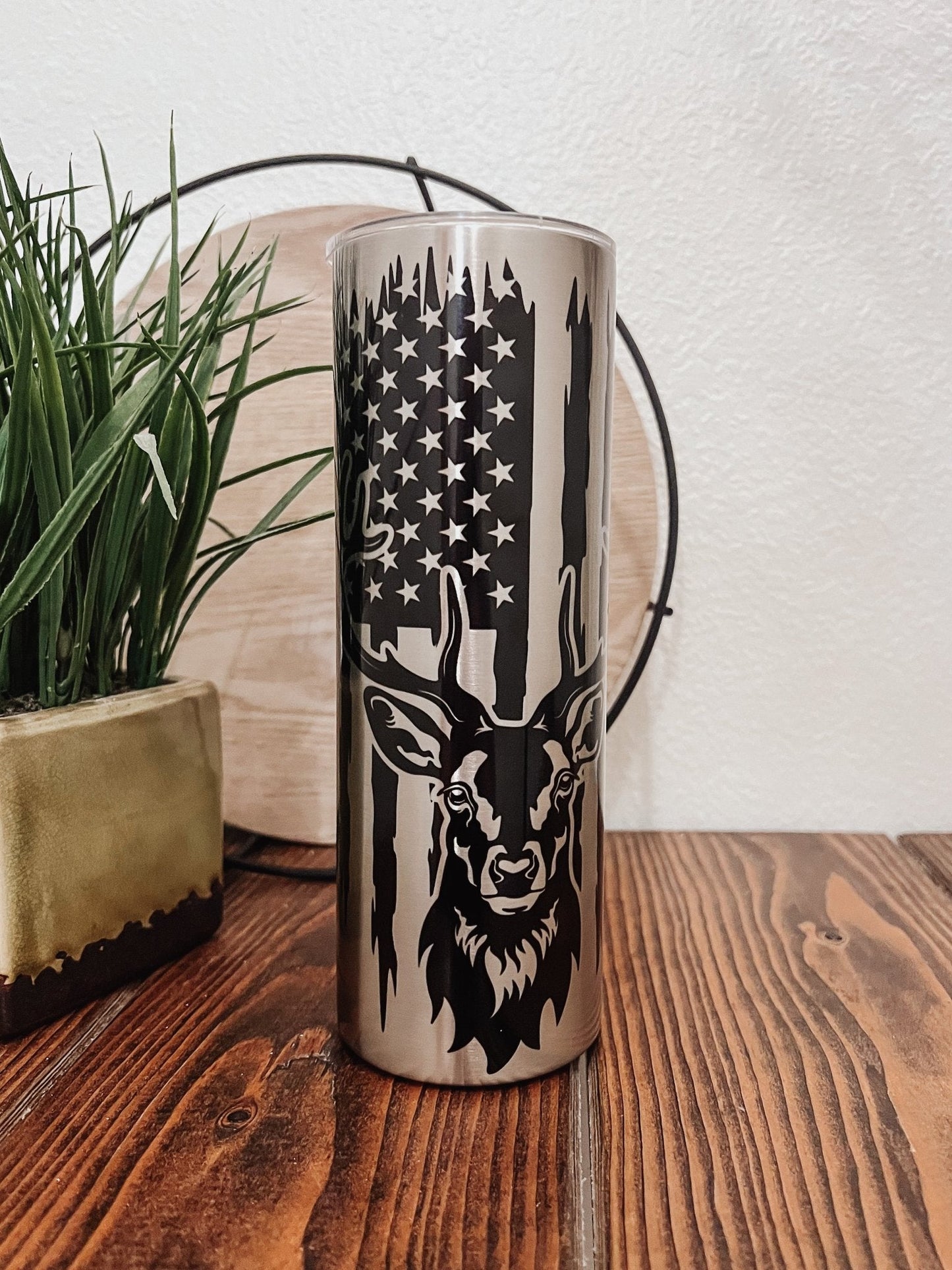 Distressed Flag and Buck Hunting (Stainless Steel & Black) 20oz Skinny Tumbler - Emma K Designs