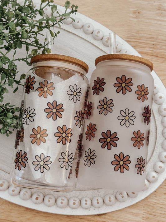 Fall Daisies 16oz Glass Can Cup - Emma K Designs