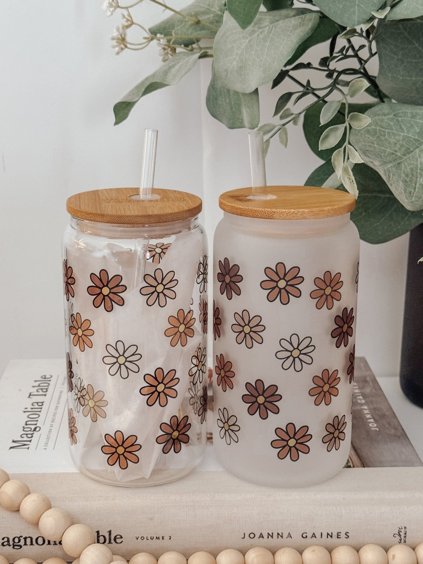 Fall Daisies 16oz Glass Can Cup - Emma K Designs