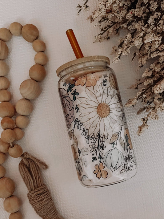 Fall Floral 16oz Glass Can Cup - Emma K Designs