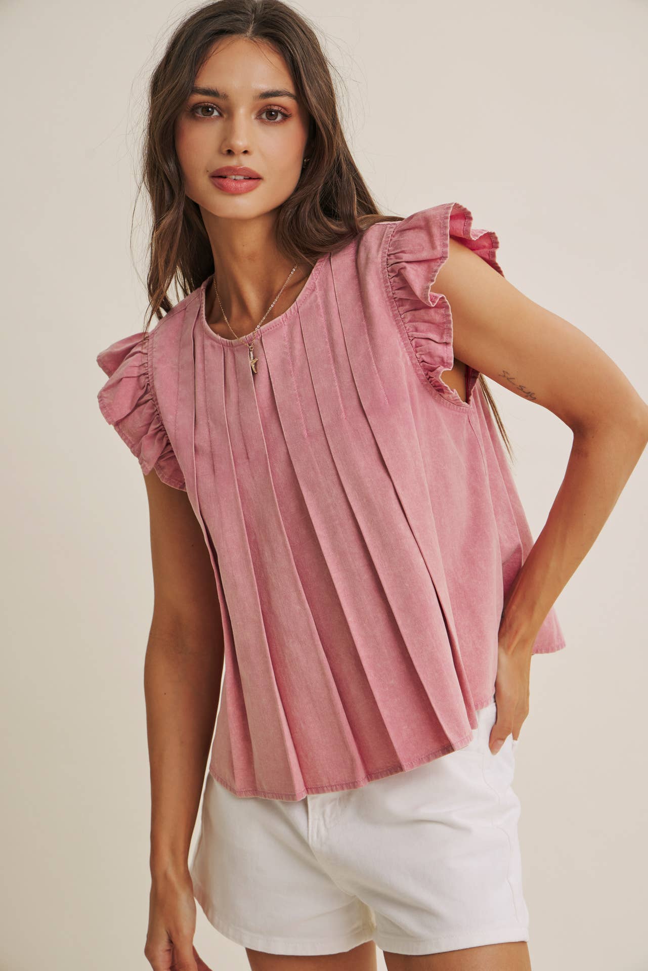 Blush Pleated Ruffle Sleeve Top