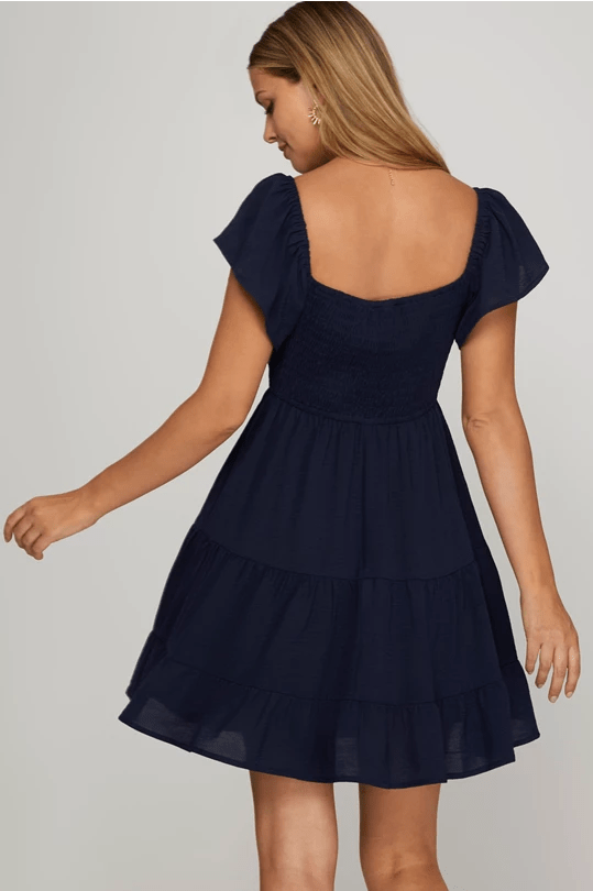 Flutter Sleeve Sweetheart Dress with Pockets in Navy - Emma K Designs