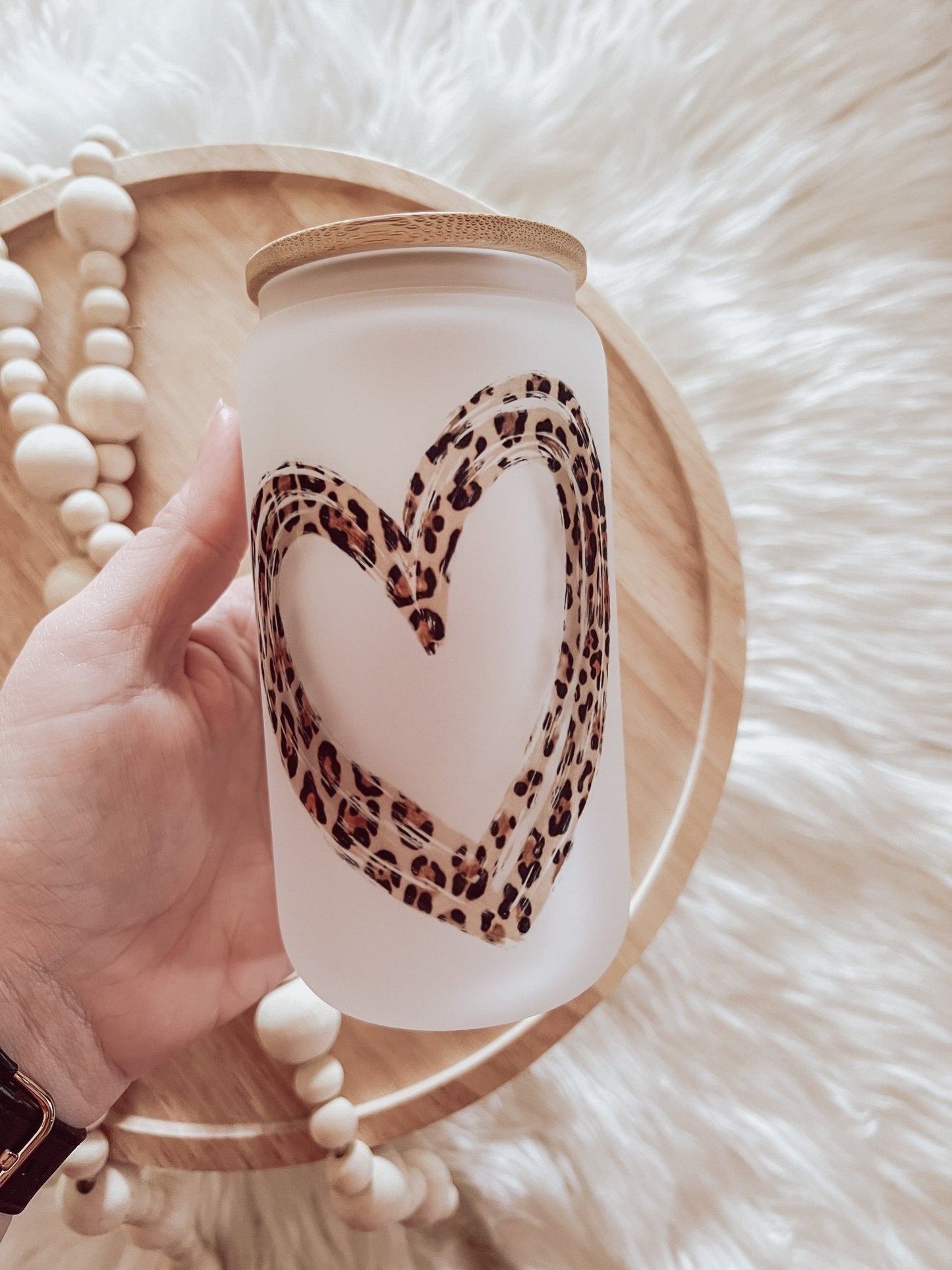 Leopard Heart Frosted 16oz Glass Can Cup - Emma K Designs