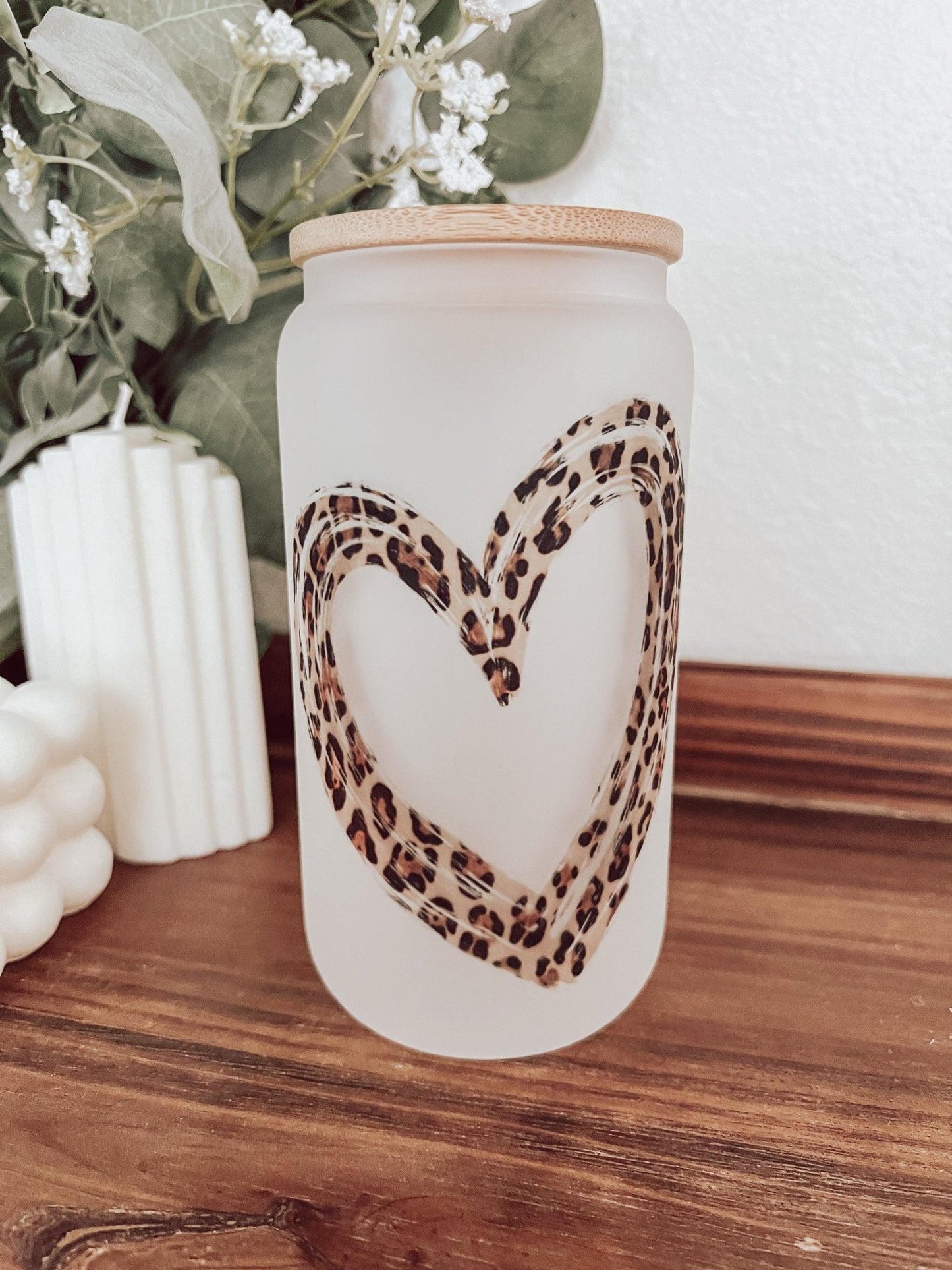 Leopard Heart Frosted 16oz Glass Can Cup - Emma K Designs