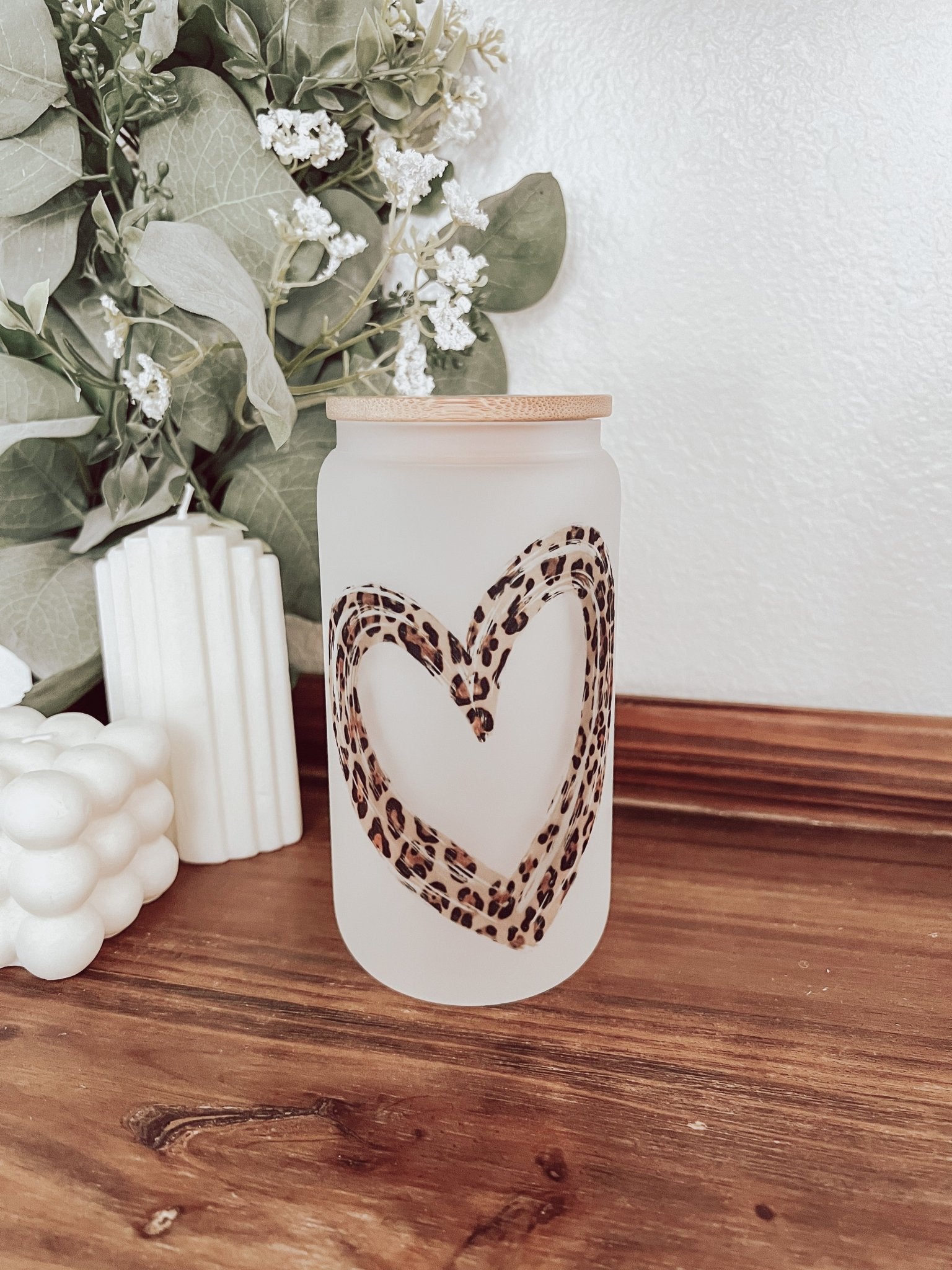 Leopard Heart Frosted 16oz Glass Can Cup - Emma K Designs