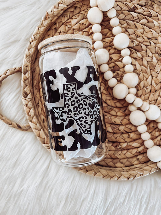 Leopard Texas State 16oz Glass Can Cup - Emma K Designs