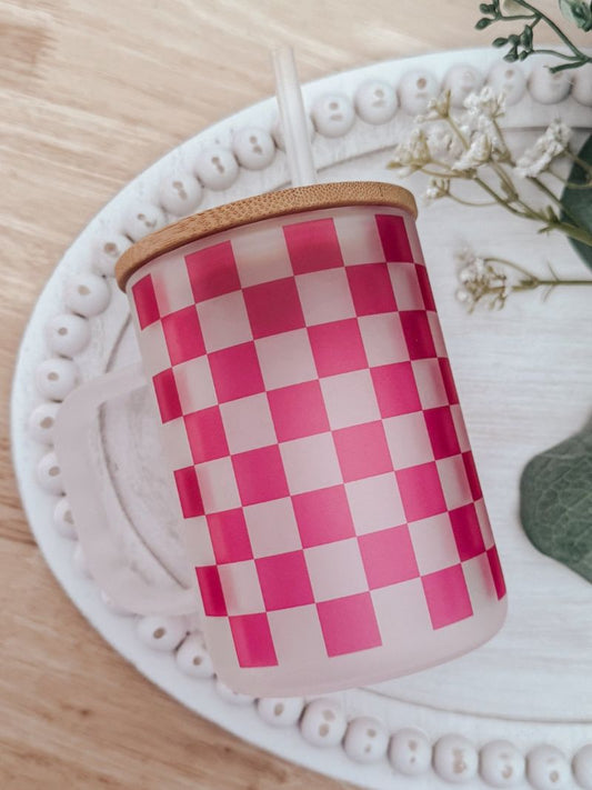 Pink Checkered 15oz Glass Mug - Emma K Designs