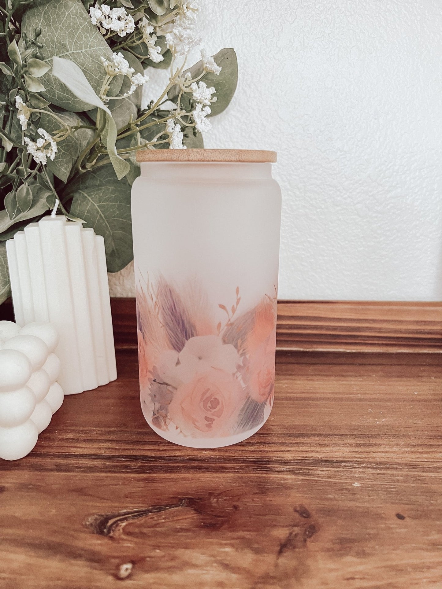 Pink Pampas Grass Frosted 16oz Glass Beer Can Cup - Emma K Designs