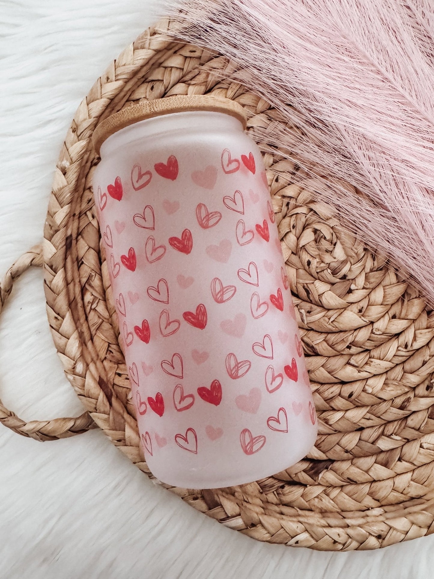 Red Hearts 16oz Glass Can Cup - Emma K Designs