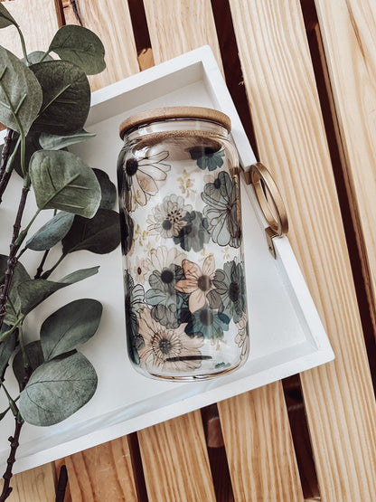 Retro Blue Floral 16oz Glass Can Cup - Emma K Designs