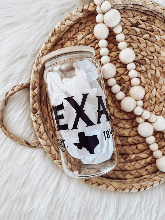 Texas Est. 1845 16oz Glass Can Cup - Emma K Designs