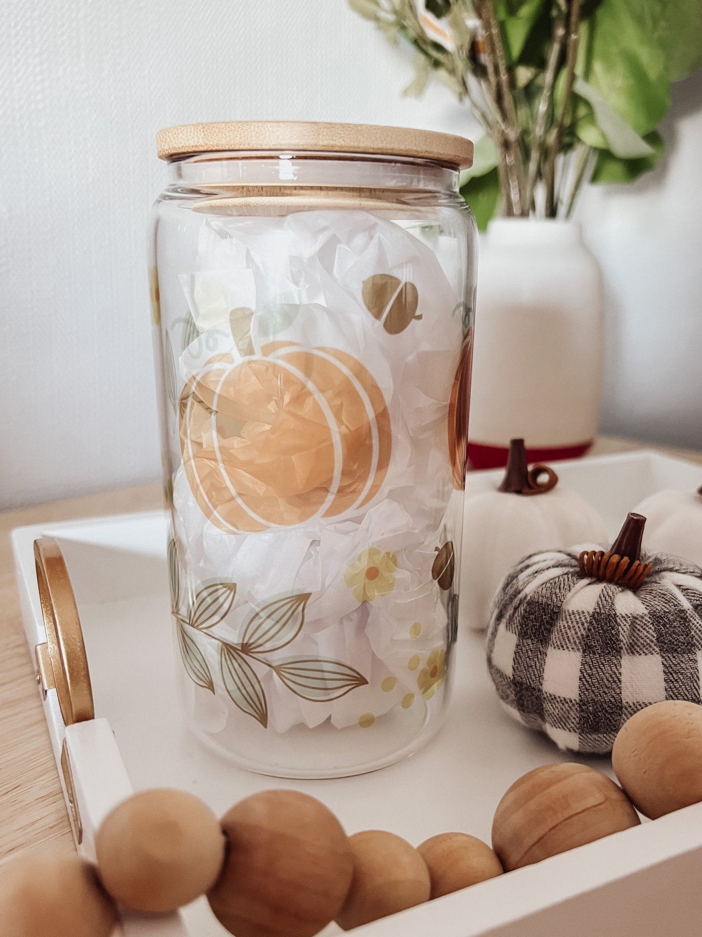 Vintage Pumpkins 16oz Glass Can Cup - Emma K Designs