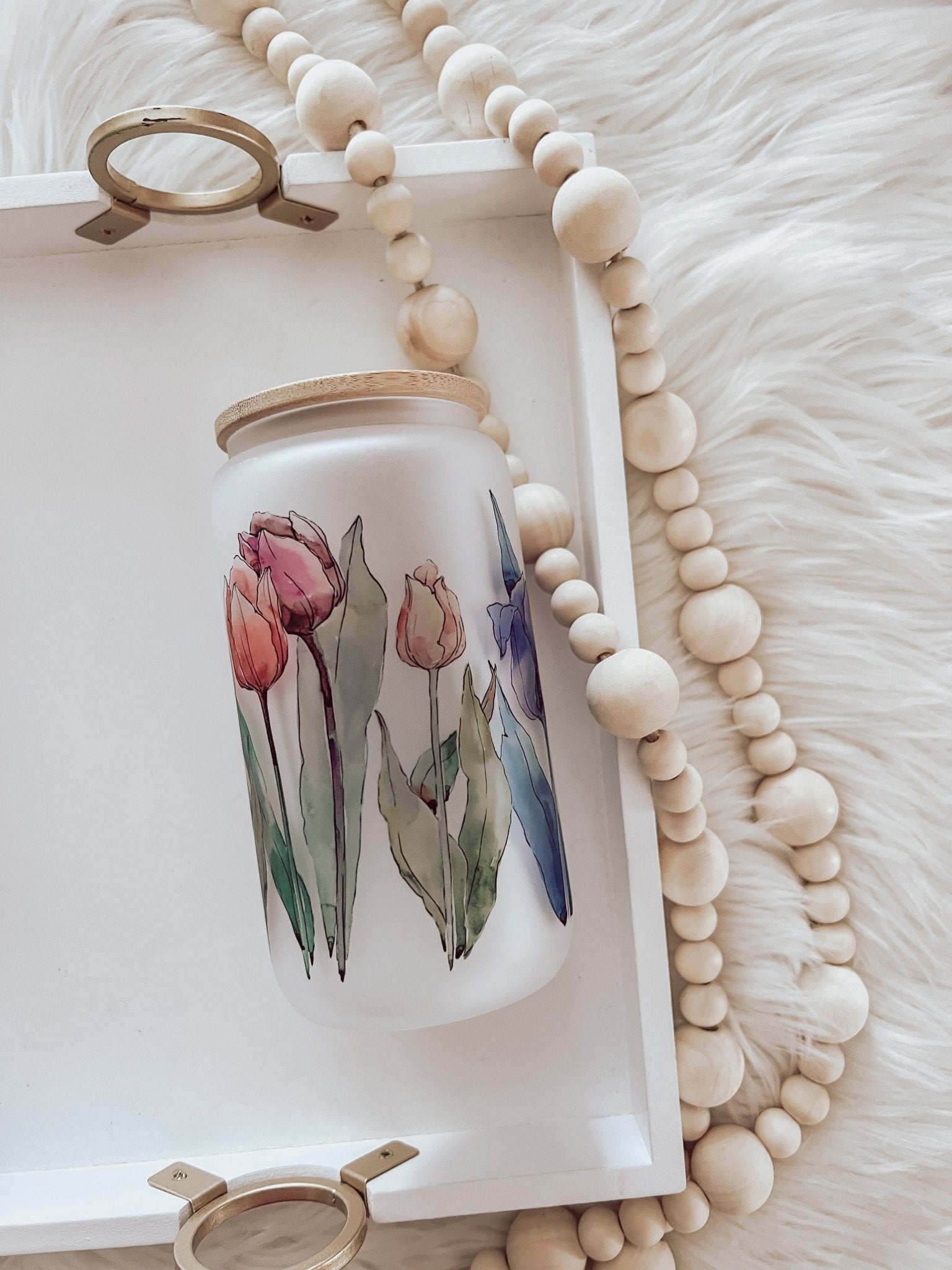 Watercolor Tulips Frosted 16oz Glass Can Cup - Emma K Designs