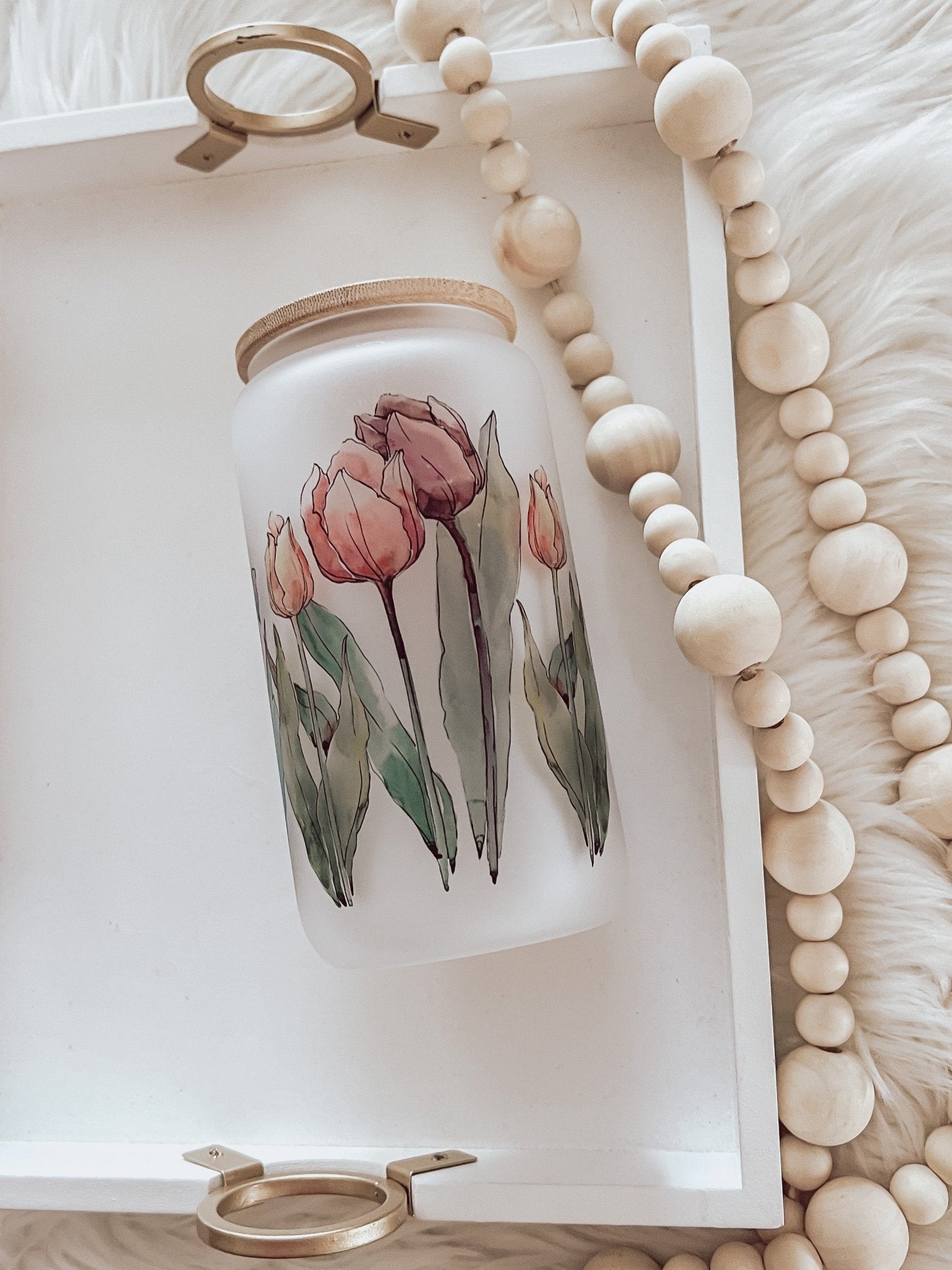 Watercolor Tulips Frosted 16oz Glass Can Cup - Emma K Designs