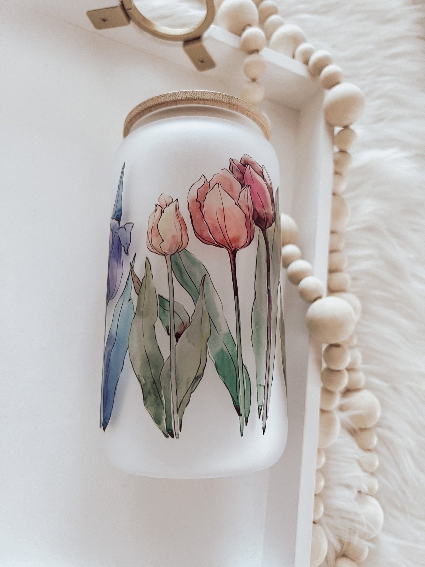 Watercolor Tulips Frosted 16oz Glass Can Cup - Emma K Designs