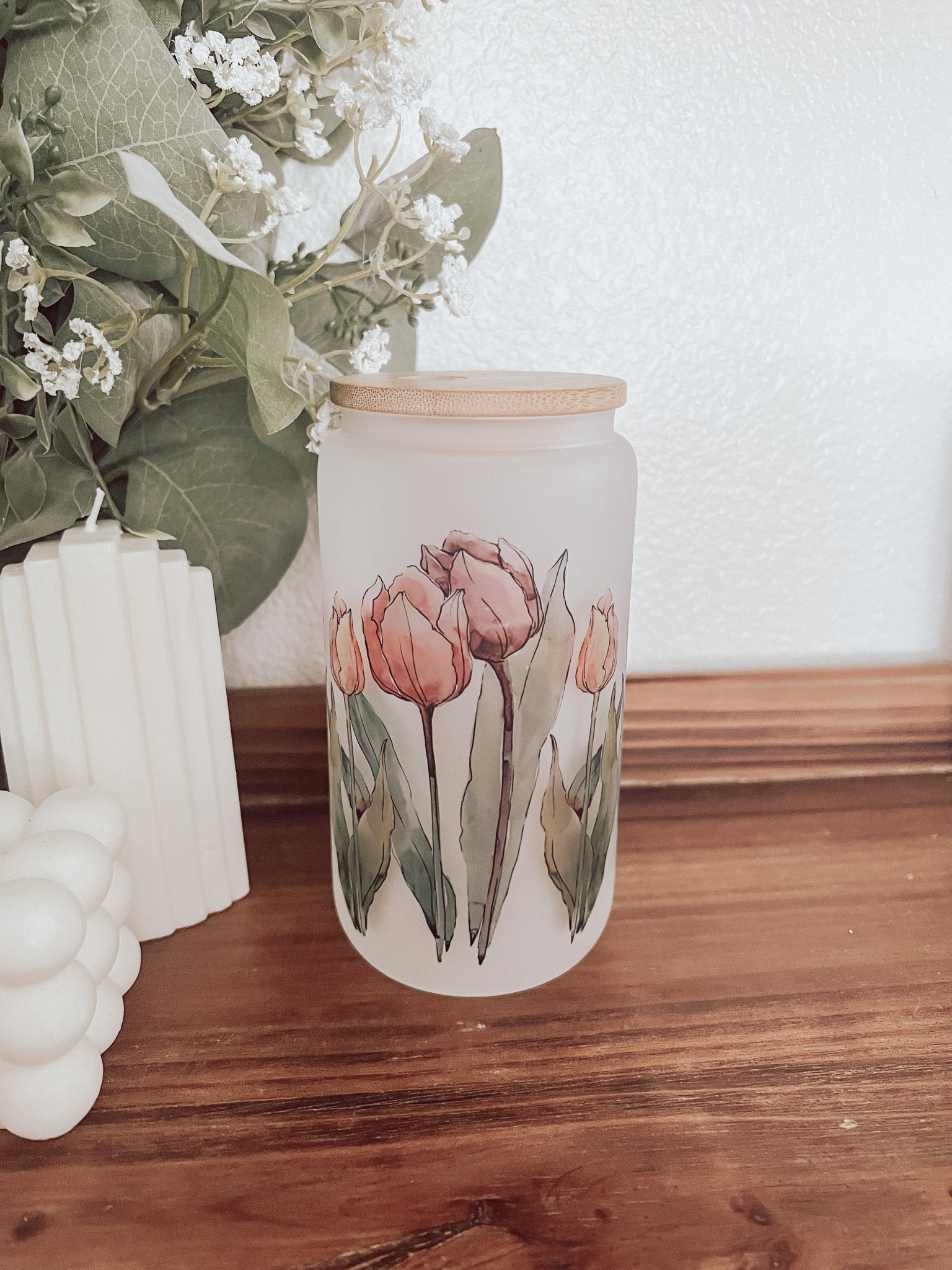 Watercolor Tulips Frosted 16oz Glass Can Cup - Emma K Designs