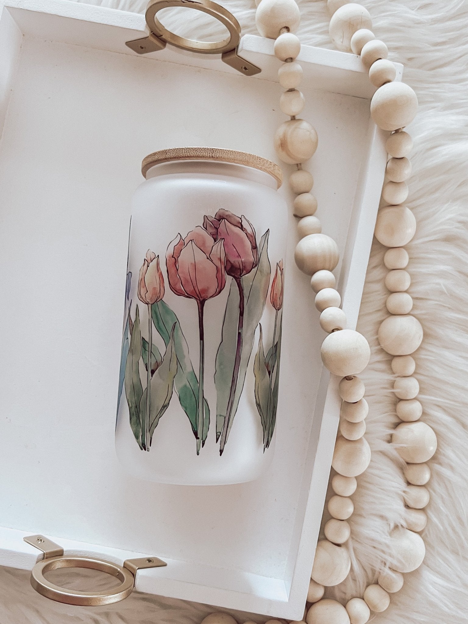 Watercolor Tulips Frosted 16oz Glass Can Cup - Emma K Designs