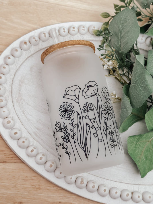 Wildflowers Frosted 16oz Glass Can Cup - Emma K Designs