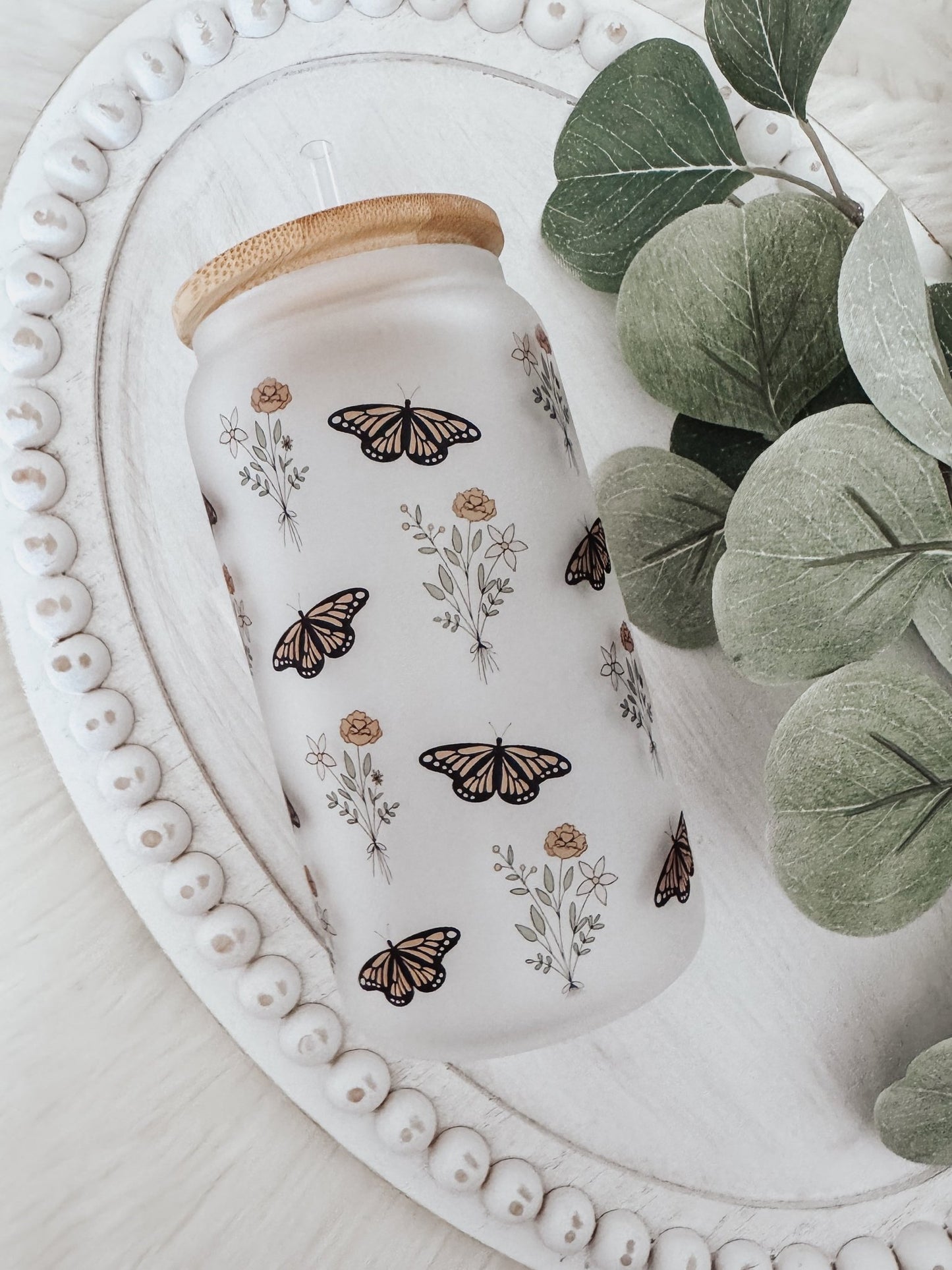 Boho Butterflies 16 oz Glass Can Cup - Emma K Designs