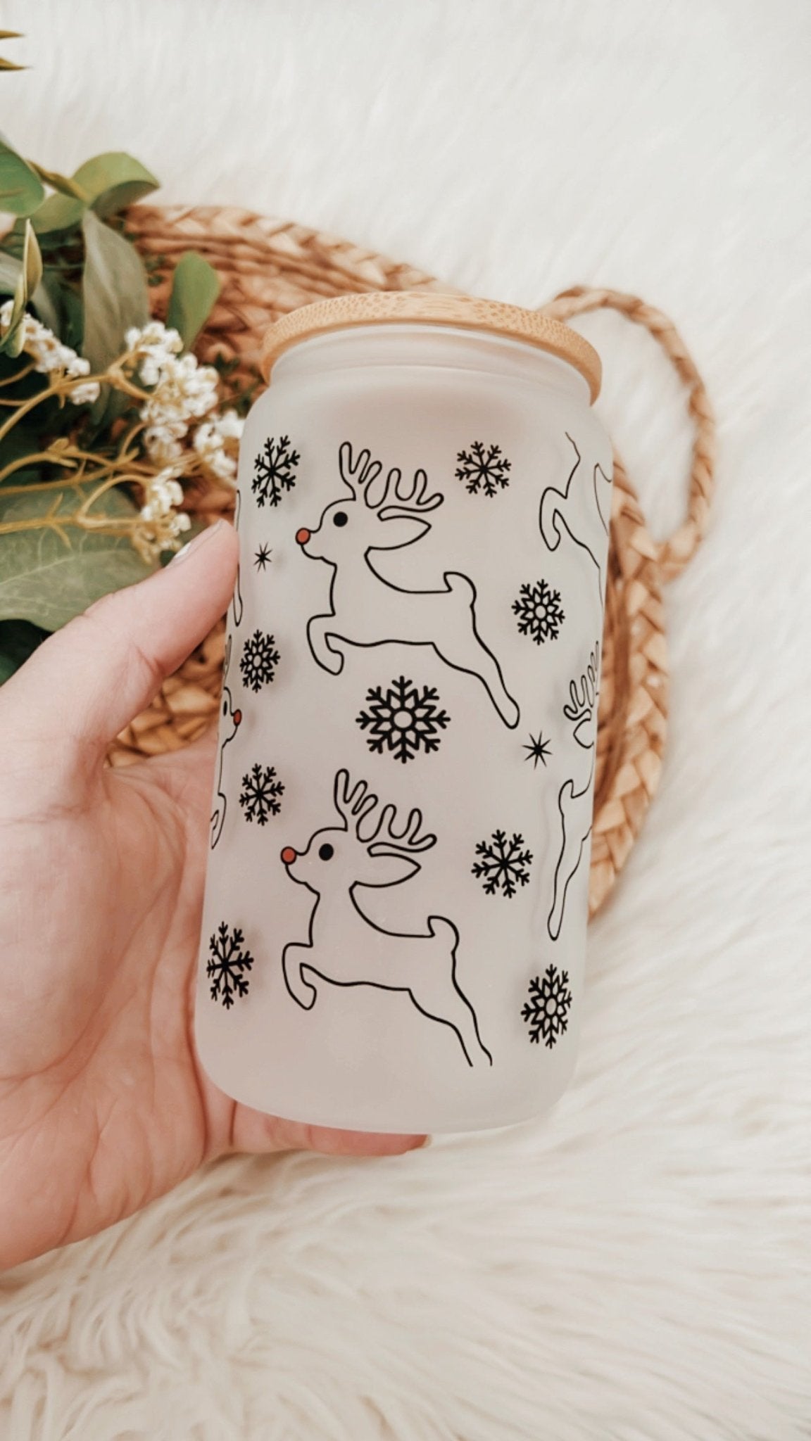 Christmas Reindeer 16oz Glass Can Cup - Emma K Designs