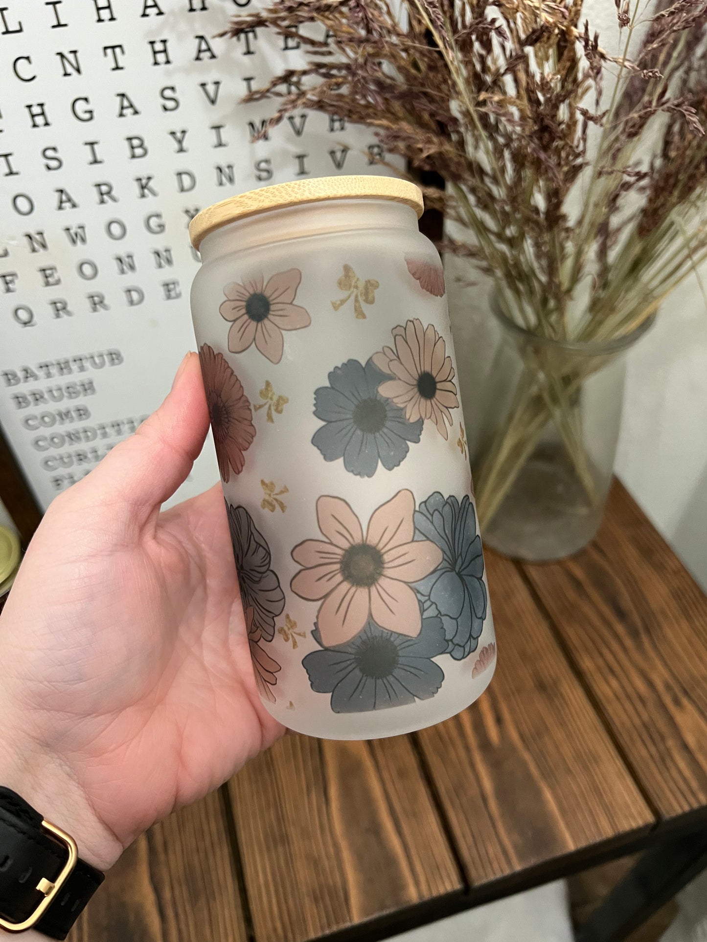 Retro Blue Floral 16oz Glass Can Cup