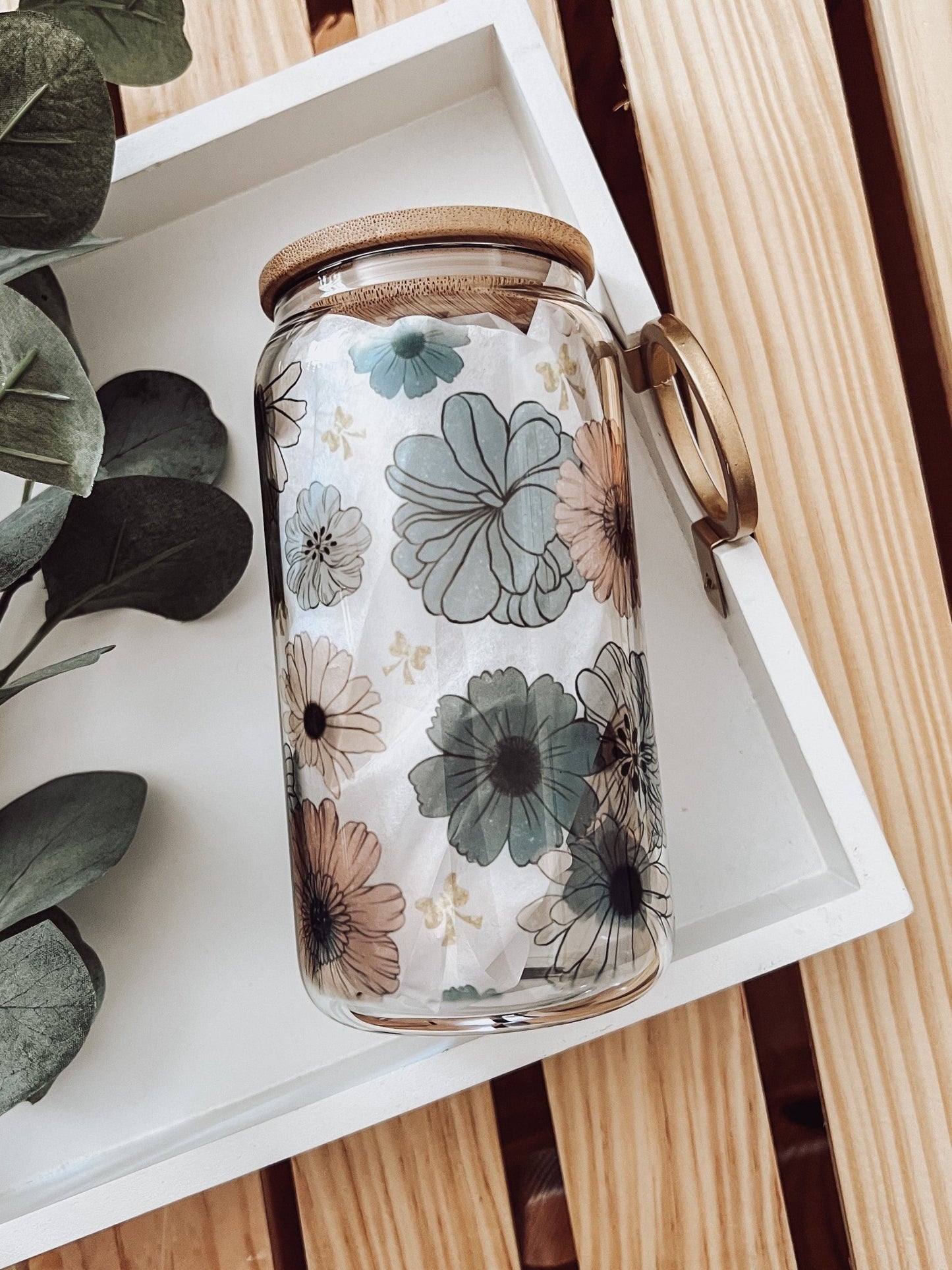 Retro Blue Floral 16oz Glass Can Cup - Emma K Designs