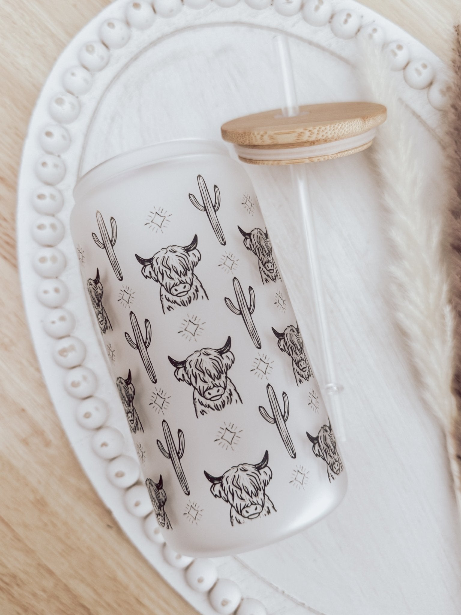 Western Cow 16 oz Glass Can Cup - Emma K Designs